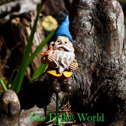 Tiny Gnome Holding Bird - Pot or Garden Stake