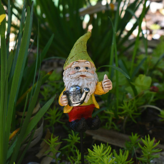 Tiny Gnome Holding Watering Can - Pot or Garden Stake