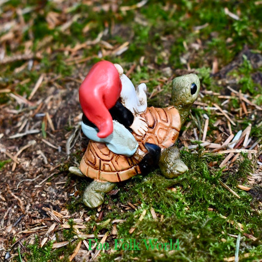 Mini Garden Gnome Riding Turtle