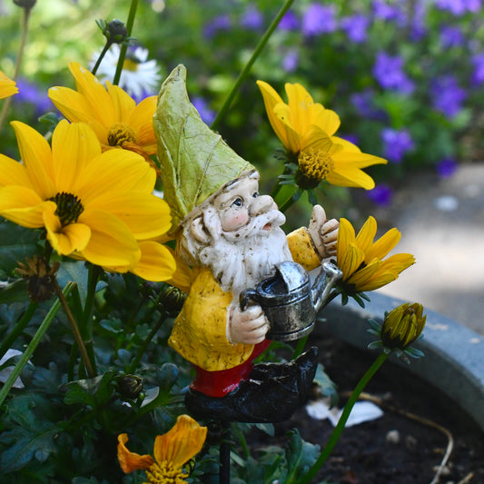 Tiny Gnome Holding Watering Can - Pot or Garden Stake