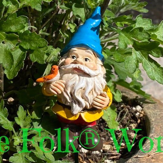 Tiny Gnome Holding Bird - Pot or Garden Stake